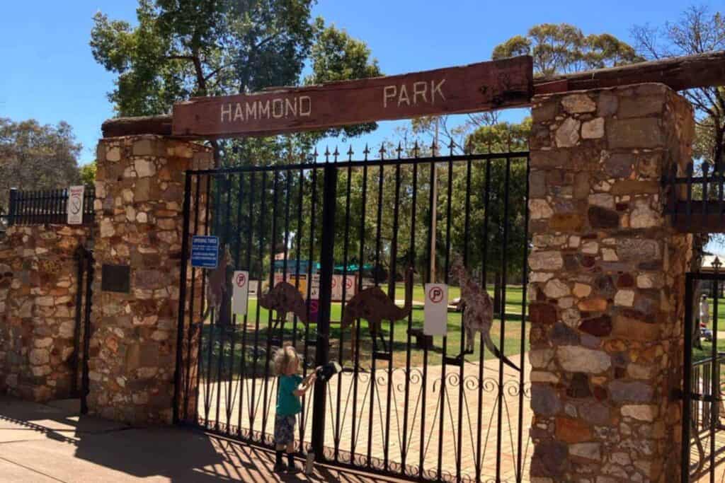 Entrance to Hammond Park, featuring a rustic stone gate with metal fencing decorated with cut-out animal shapes. A wooden sign overhead reads "Hammond Park," while a young child stands near the gate, adding a sense of scale and charm to the park's welcoming atmosphere. Lush greenery and shaded areas are visible beyond the gate.